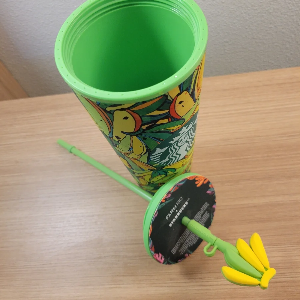 Starbucks Green and Yellow Banana Print Tumbler with Flower Straw